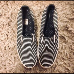 Navy and white striped slip ons